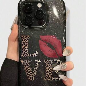 Black Glitter Love Phone Case with Red Lips